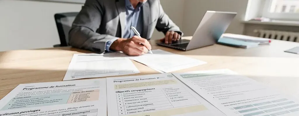 Responsable formation analysant et comparant plusieurs programmes de formation sur un bureau professionnel