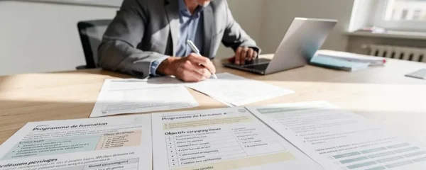 Responsable formation analysant et comparant plusieurs programmes de formation sur un bureau professionnel