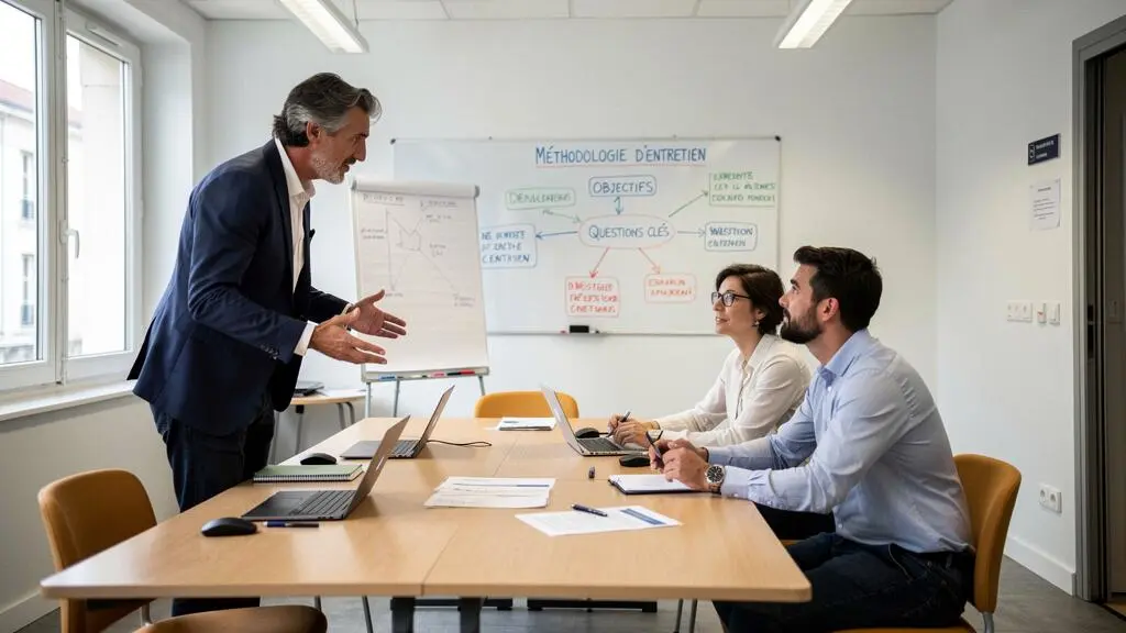 Formateur animant une mise en situation pratique avec des participants dans une salle de formation professionnelle